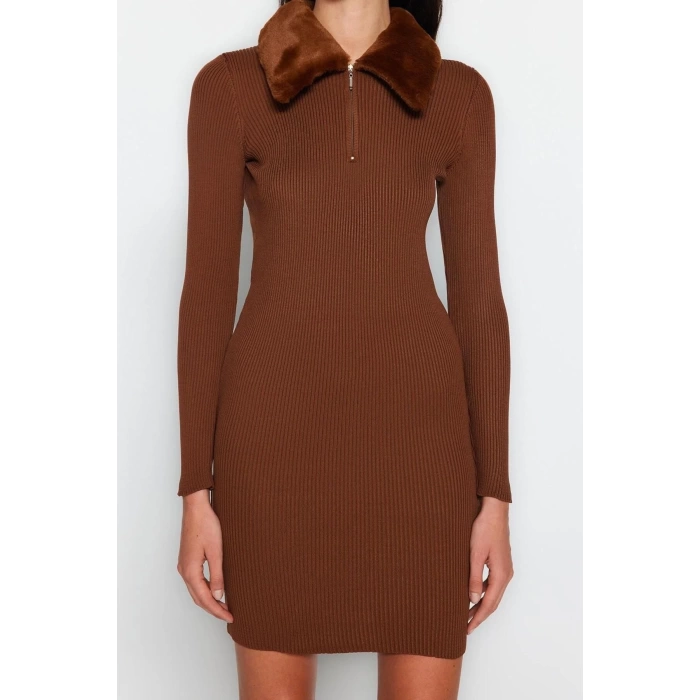 Fashion Style Slim Polo Collar Mini Length Knitted Faux Fur Detail Dress