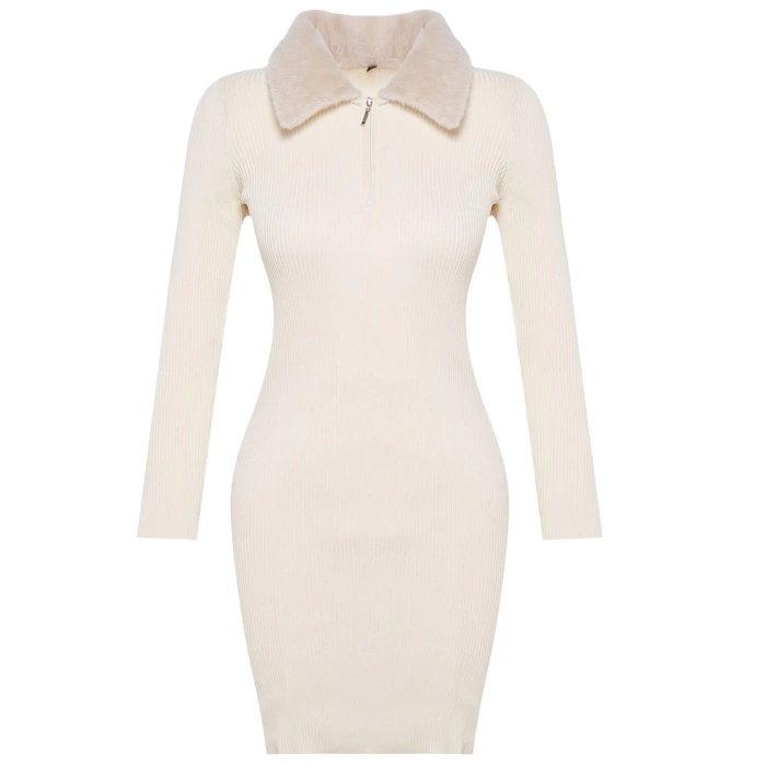 Fashion Style Slim Polo Collar Mini Length Knitted Faux Fur Detail Dress