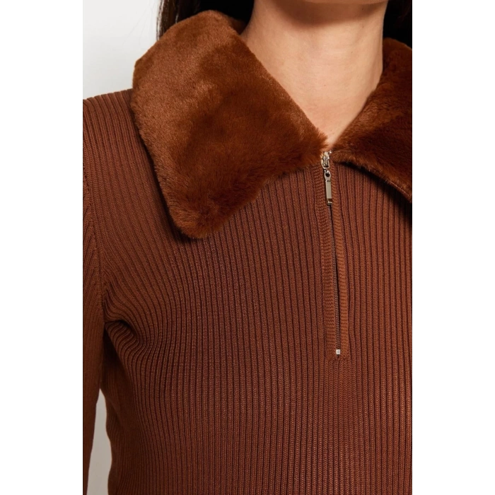 Fashion Style Slim Polo Collar Mini Length Knitted Faux Fur Detail Dress