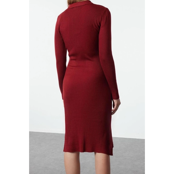 Moda Stil Slim Polo Yaka Midi Boy Triko Elbise