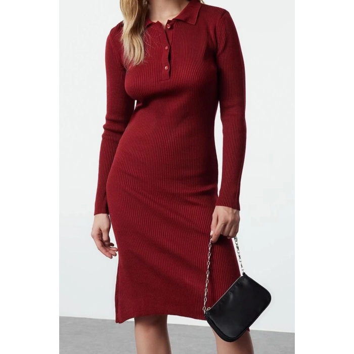 Moda Stil Slim Polo Yaka Midi Boy Triko Elbise