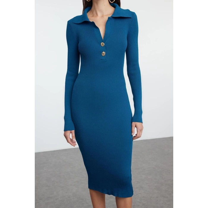 Fashion Style Slim Polo Collar Midi Length Knit Dress