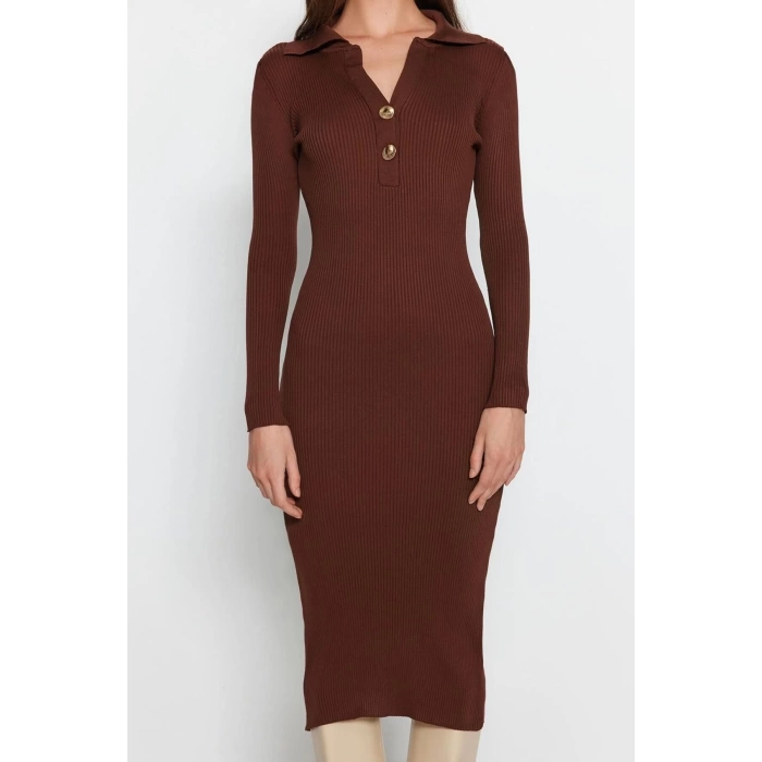 Fashion Style Slim Polo Collar Midi Length Knit Dress