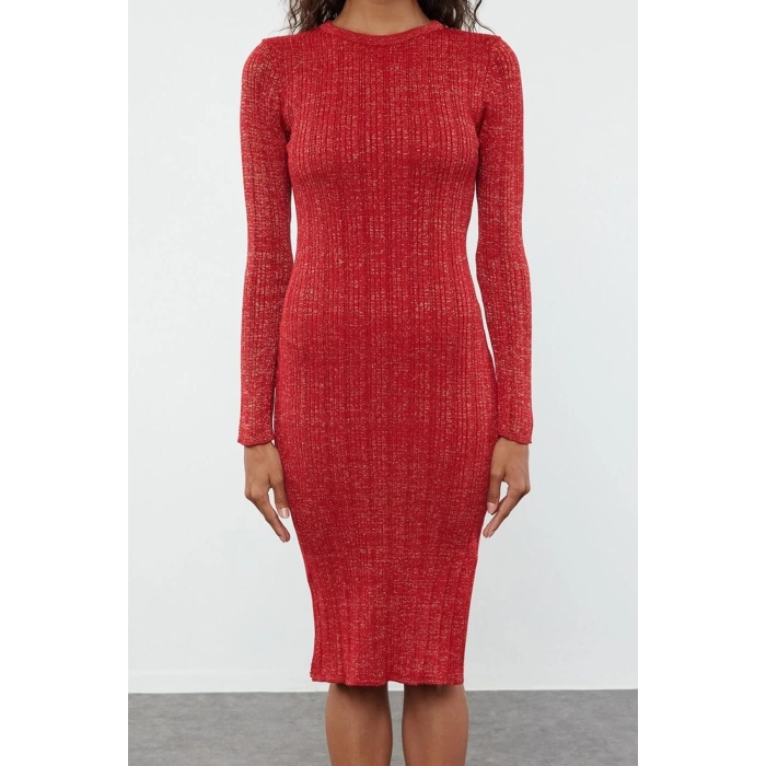 Moda Stil Slim Bisiklet Yaka Midi Boy Simli Triko Elbise