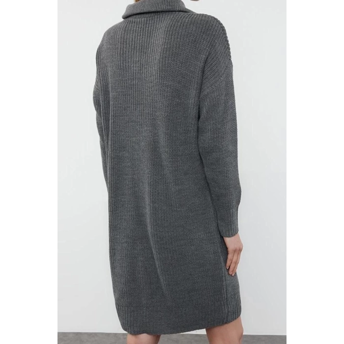 Moda Stil Regular Dik Yaka Mini Boy Triko Fermuarlı Elbise