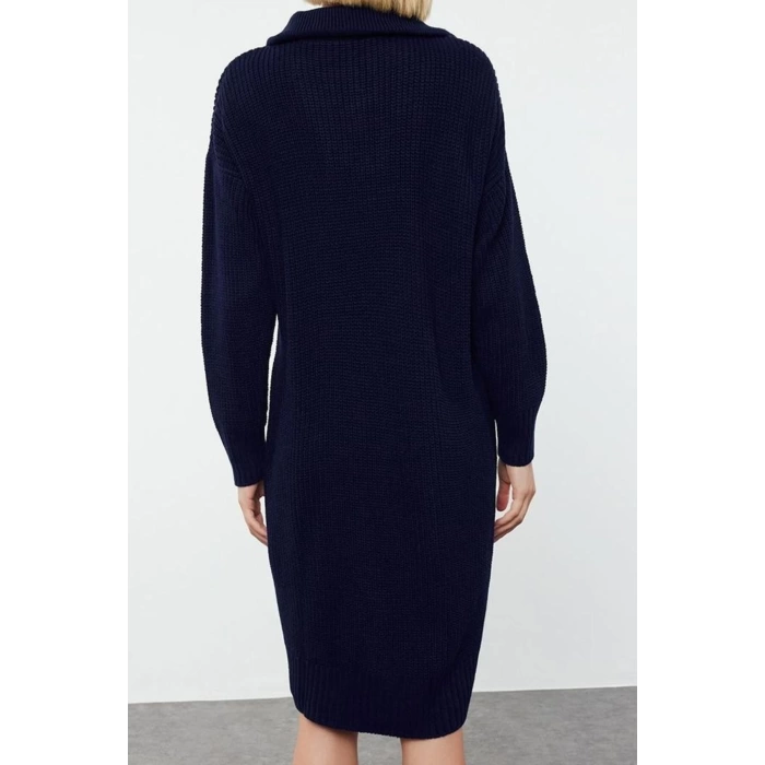 Moda Stil Regular Dik Yaka Mini Boy Triko Fermuarlı Elbise