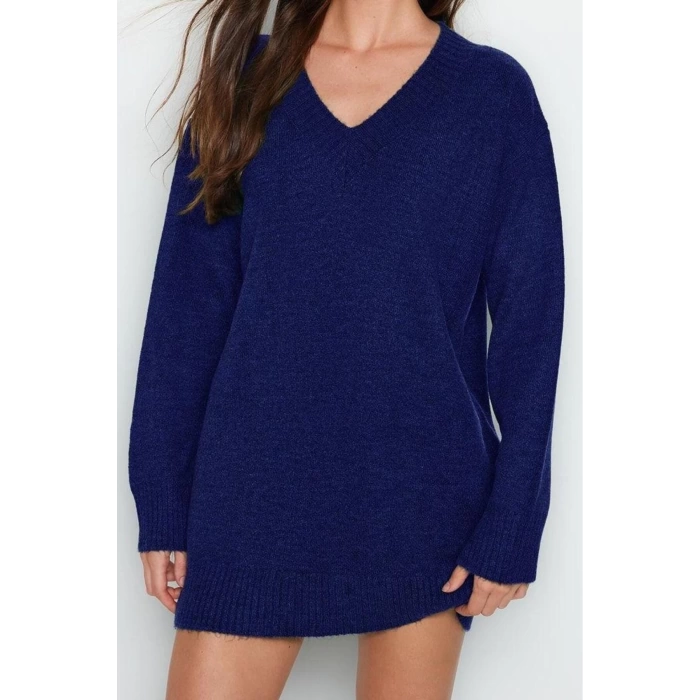Moda Stil Oversize V Yaka Mini Boy Triko Yumuşak Dokulu Elbise Triko Yumuşak Dokulu