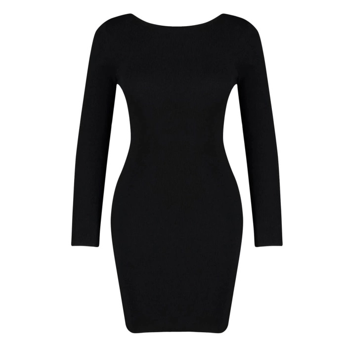 Fashion Style Slim Crew Neck Mini Length Knitwear Back Pearl Detail Dress