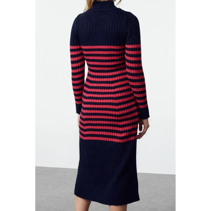 Moda Stil Slim Dik Yaka Maxi Boy Triko Çizgili Elbise