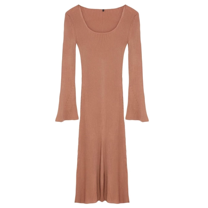 Moda Stil Slim Kare Yaka Midi Boy Triko Basic Kol Ucu Detaylı Elbise