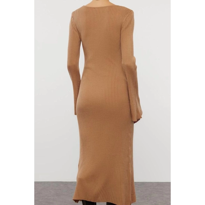 Moda Stil Slim Kare Yaka Midi Boy Triko Basic Kol Ucu Detaylı Elbise