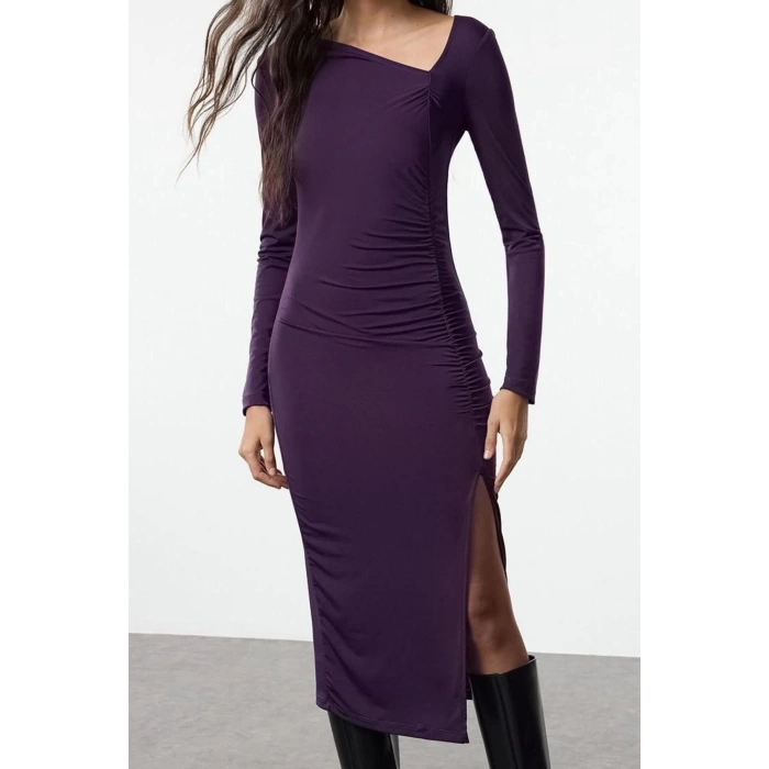 Moda Stil Slim Asimetrik Yaka Midi Boy Yırtmaçlı Örme Elbise