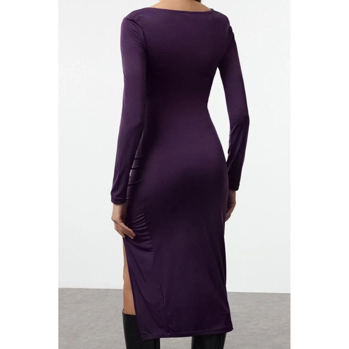 Moda Stil Slim Asimetrik Yaka Midi Boy Yırtmaçlı Örme Elbise