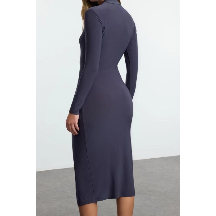 Moda Stil Slim Dik Yaka Midi Boy Düz Drape Detaylı Yırtmaçlı Fitted Vücuda Oturan Esnek Örme Elbise