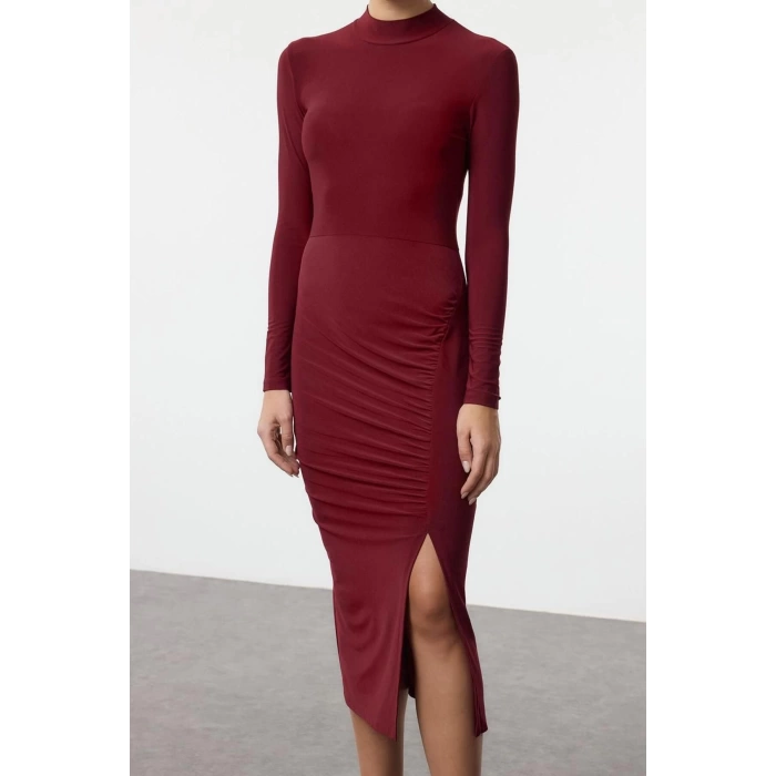 Moda Stil Slim Dik Yaka Midi Boy Düz Drape Detaylı Yırtmaçlı Fitted Vücuda Oturan Esnek Örme Elbise