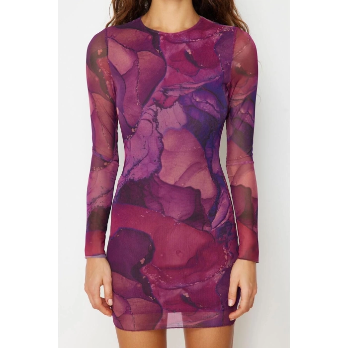 Fashion Style Slim Crew Neck Mini Length Printed Tulle Fitted Body-Smoothing Flexible Knitted Dress