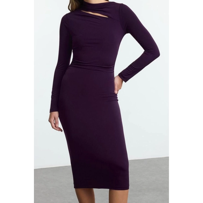Fashion Style Slim Stand Collar Midi Length Cut Out Detailed Fitted Body-Smoothing Flexible Knitted Dress