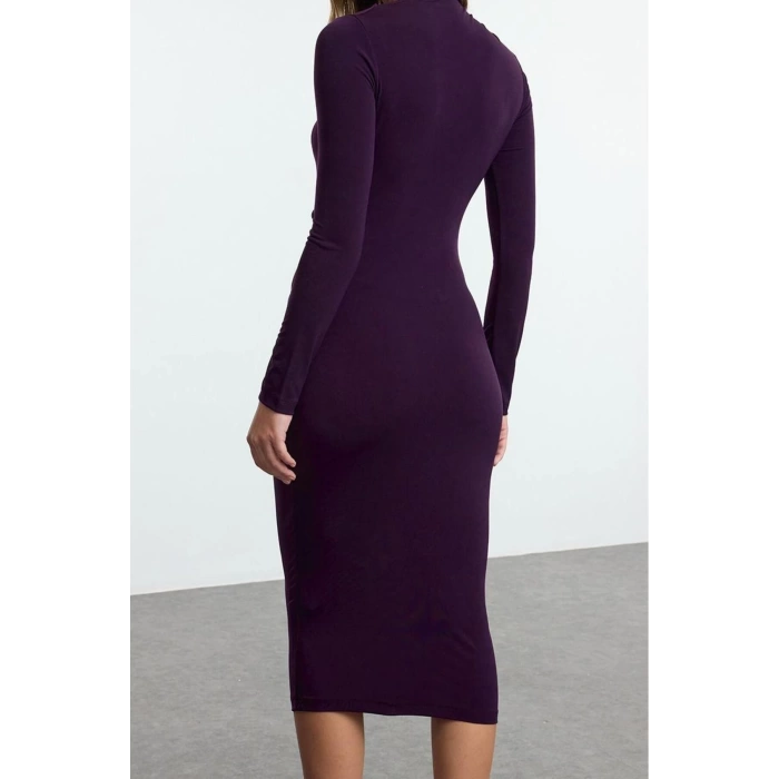 Fashion Style Slim Stand Collar Midi Length Cut Out Detailed Fitted Body-Smoothing Flexible Knitted Dress