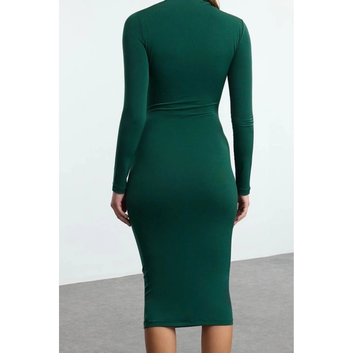 Fashion Style Slim Stand Collar Midi Length Cut Out Detailed Fitted Body-Smoothing Flexible Knitted Dress