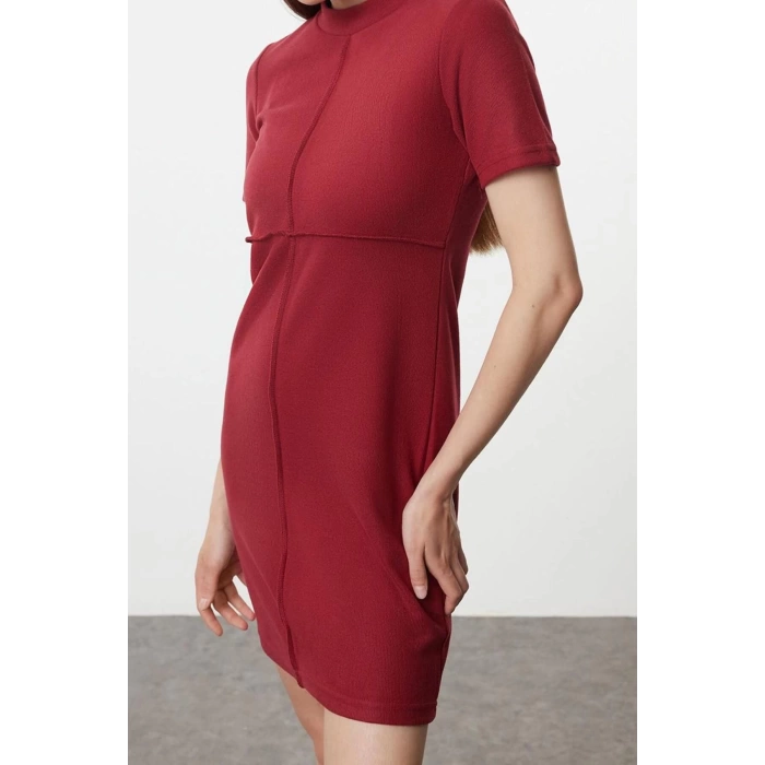 Moda Stil Regular Dik Yaka Mini Boy A Kesim Çan Form Selanik Triko Görünümlü Örme Elbise