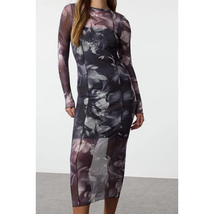 Moda Stil Slim Bisiklet Yaka Midi Boy Tül Astarlı Vücuda Oturan Örme Elbise
