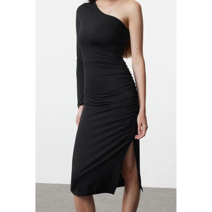 Moda Stil Slim Asimetrik Yaka Midi Boy Tek Kol Büzgülü Vücuda Oturan Örme Elbise