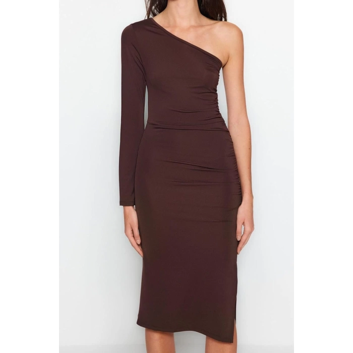 Moda Stil Slim Asimetrik Yaka Midi Boy Tek Kol Büzgülü Vücuda Oturan Örme Elbise
