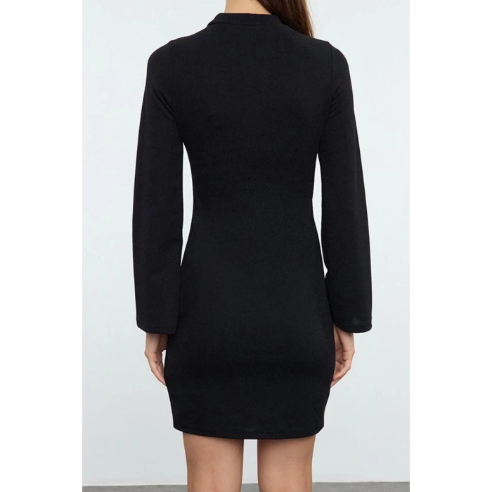 Moda Stil Slim Dik Yaka Mini Boy Düz Vücuda Oturan İspanyol Kol Örme Kalem Elbise