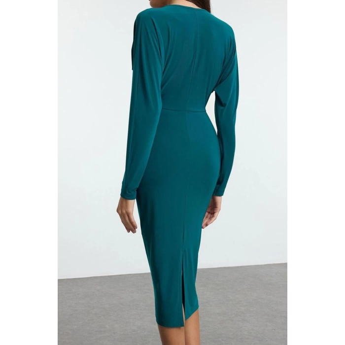 Moda Stil Slim Kruvaze Midi Boy Yarasa Kol Detaylı Fitted Vücuda Oturan Esnek Örme Elbise