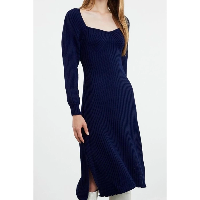 Moda Stil Slim Kalp Yaka Midi Boy Triko Elbise