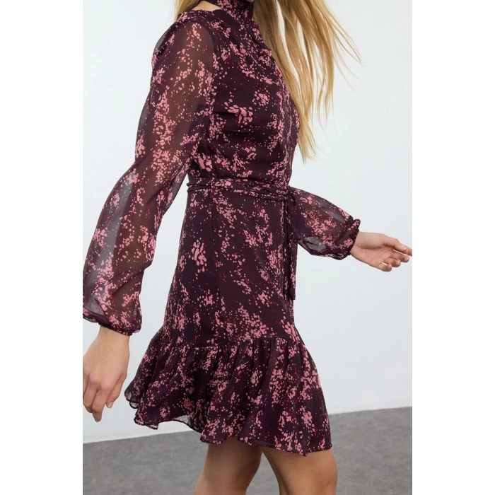Moda Stil Regular Dik Yaka Mini Boy Çiçekli Dokuma Kışlık Elbise