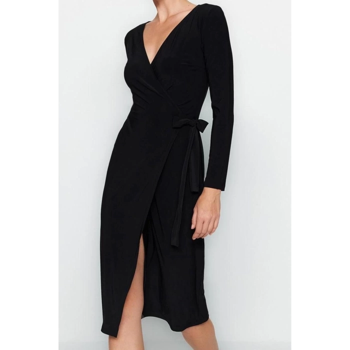 Fashion Style Regular Double Breasted Midi Length Collar Belted Fitted Body Knitted Dress