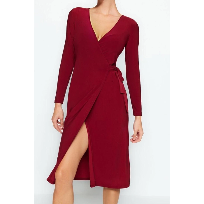 Fashion Style Regular Double Breasted Midi Length Collar Belted Fitted Body Knitted Dress