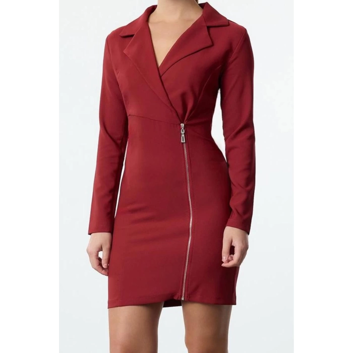 Fashion Style Fitted Jacket Collar Mini Length Zipper Detailed Woven Dress