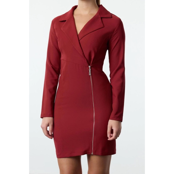 Fashion Style Fitted Jacket Collar Mini Length Zipper Detailed Woven Dress