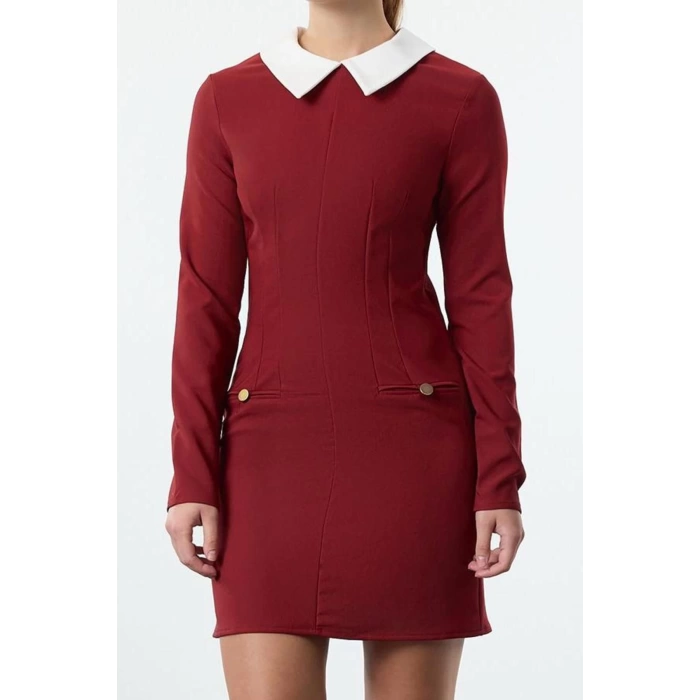 Moda Stil Regular Gömlek Yaka Mini Boy Yaka Detaylı Dokuma Elbise