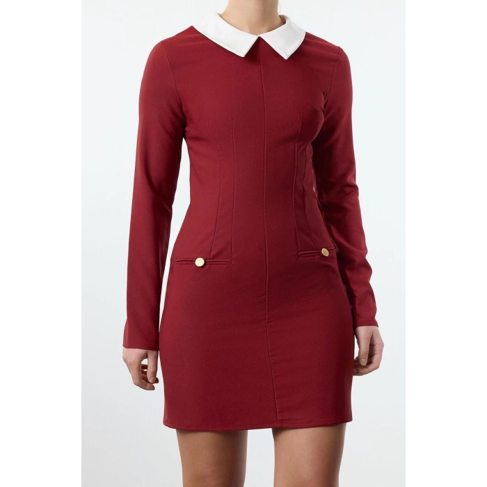 Moda Stil Regular Gömlek Yaka Mini Boy Yaka Detaylı Dokuma Elbise