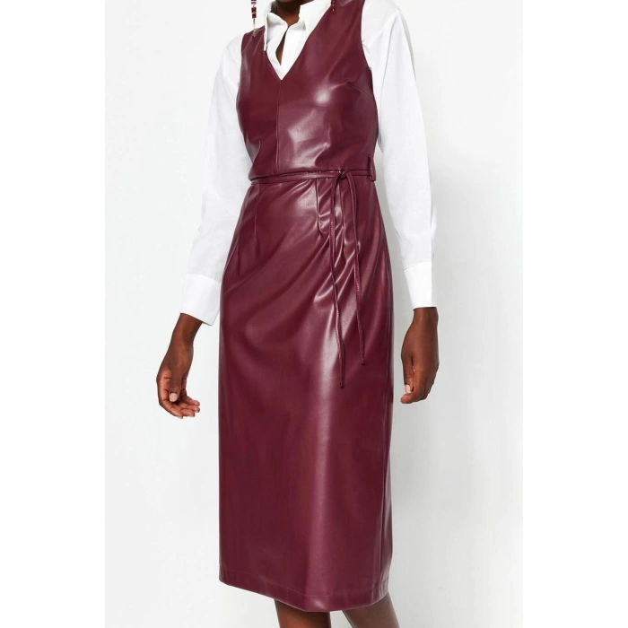 Moda Stil Regular V Yaka Midi Boy Deri Dokuma Elbise