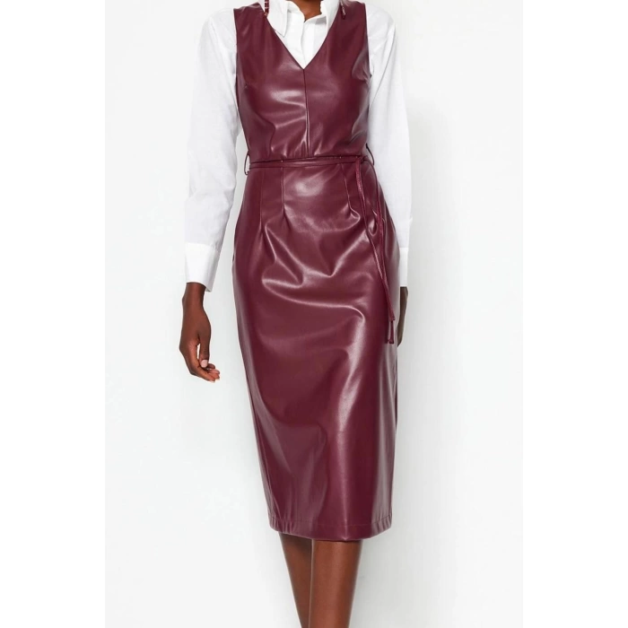 Moda Stil Regular V Yaka Midi Boy Deri Dokuma Elbise