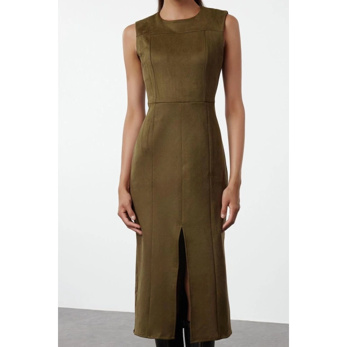 Moda Stil Fitted Bisiklet Yaka Midi Boy Düz Dokuma Elbise