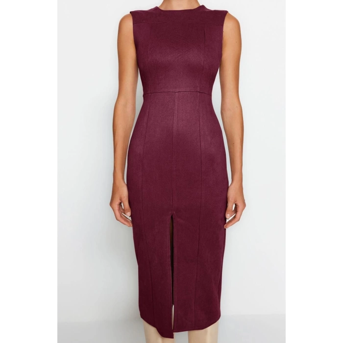 Moda Stil Fitted Bisiklet Yaka Midi Boy Düz Dokuma Elbise