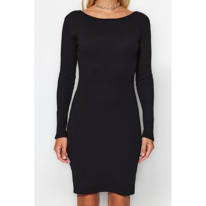 Moda Stil Slim Bisiklet Yaka Mini Boy Fitilli Sırt Detaylı Fitted Vücuda Oturan Esnek Örme Elbise