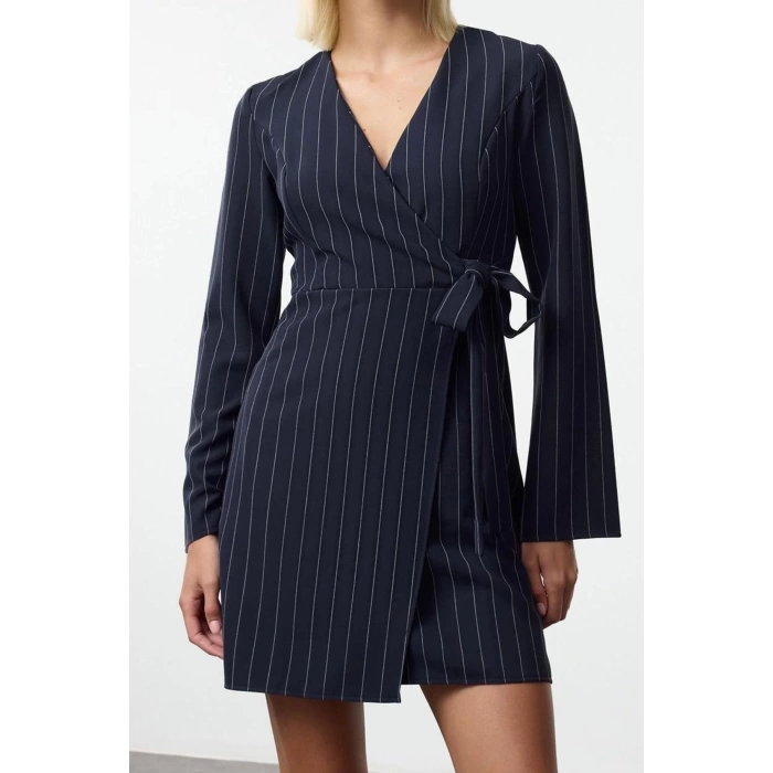 Moda Stil Regular Kruvaze Mini Boy Çizgili Dokuma Elbise