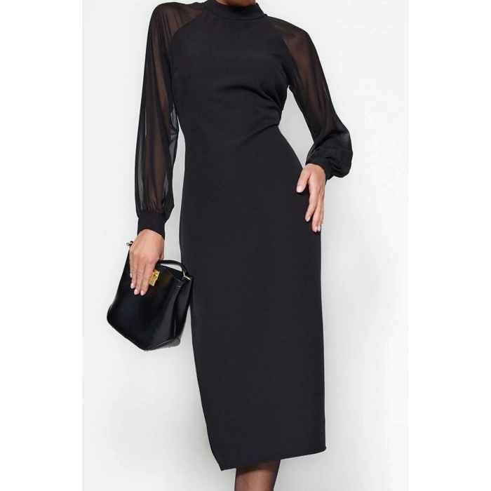 Moda Stil Regular Dik Yaka Midi Boy Kol Detaylı Dokuma Elbise