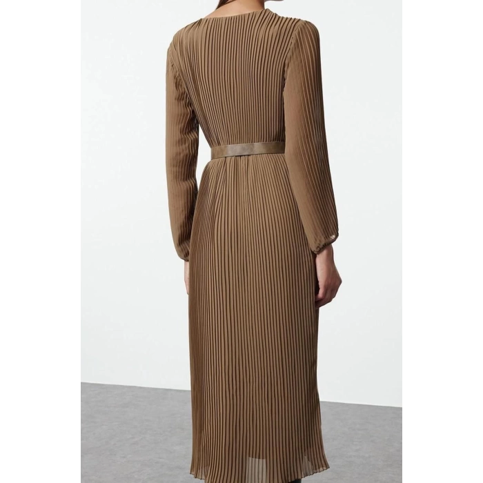 Moda Stil Regular Kruvaze Midi Boy Kemerli Düz Kemerli Dokuma Elbise