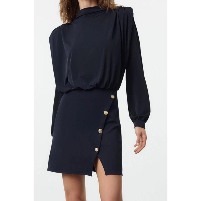 Fashion Style Regular Stand Collar Mini Length Plain Padded Woven Dress