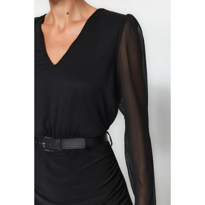 Moda Stil Regular V Yaka Midi Boy Düz Dokuma Elbise
