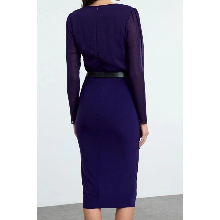 Moda Stil Regular V Yaka Midi Boy Düz Dokuma Elbise
