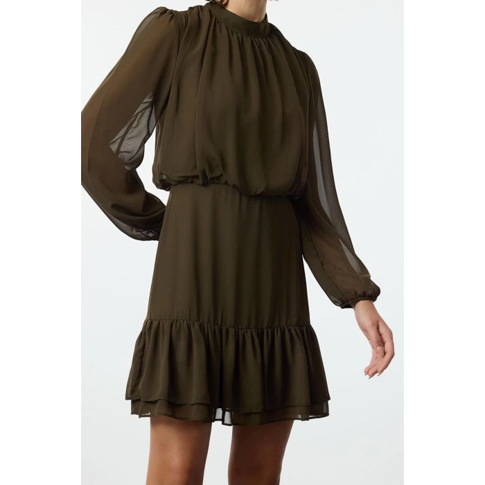 Moda Stil Regular Dik Yaka Mini Boy Eteği Volanlı Şifon Dokuma Kışlık Elbise