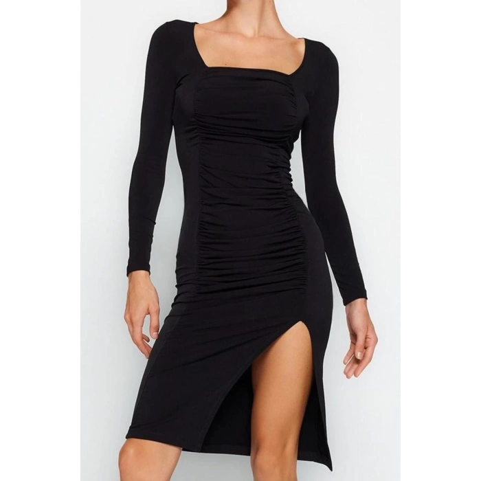 Moda Stil Slim Kare Yaka Midi Boy Büzgülü Vücuda Oturan Esnek Örme Elbise